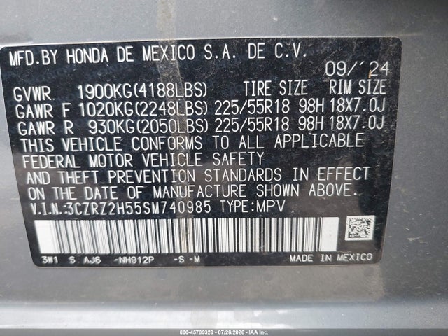 Продаж на аукціоні авто 2025 Honda Hr-v Awd Sport, vin: 3CZRZ2H55SM740985, номер лоту: 45709329