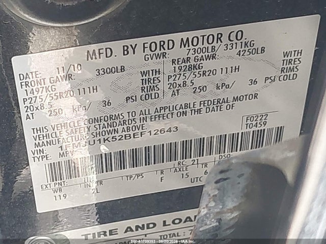 Продаж на аукціоні авто 2011 Ford Expedition Limited, vin: 1FMJU1K52BEF12643, номер лоту: 45709353