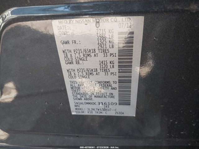 Продаж на аукціоні авто 2013 Infiniti Jx35, vin: 5N1AL0MMXDC316109, номер лоту: 45709361