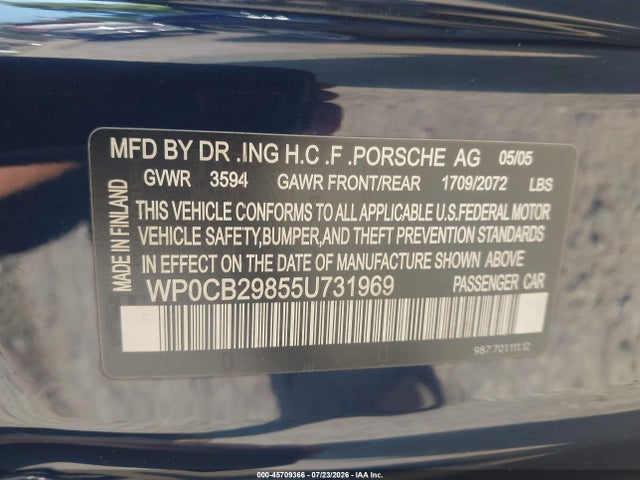Продажа на аукционе авто 2005 Porsche Boxster S, vin: WP0CB29855U731969, номер лота: 45709366