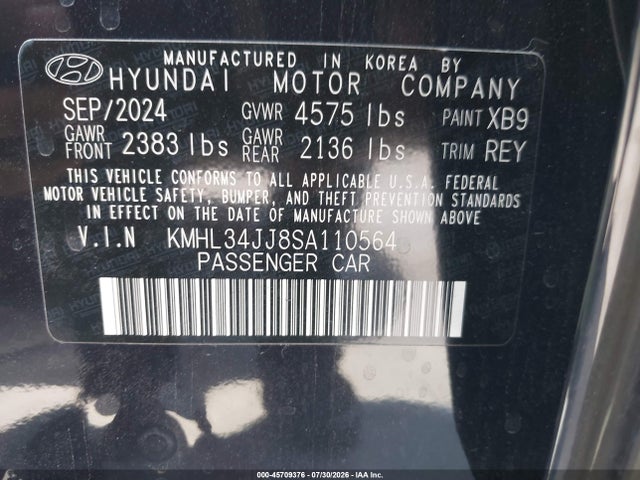 Aukcja sprzedaży 2025 Hyundai Sonata Hybrid Sel, vin: KMHL34JJ8SA110564, numer aukcji: 45709376
