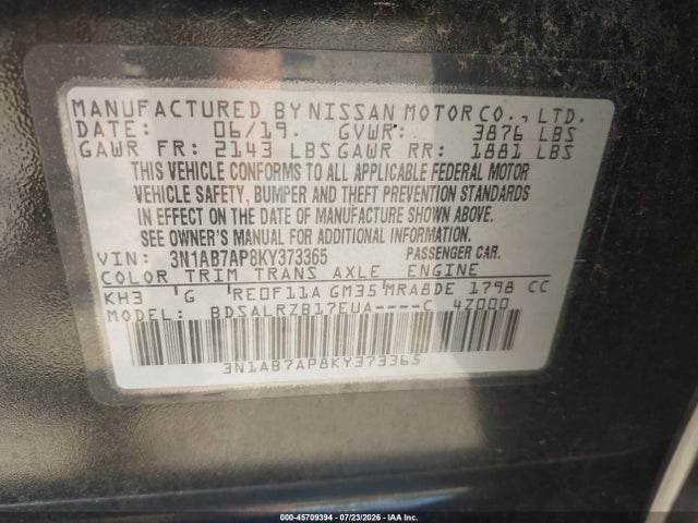 Продажа на аукционе авто 2019 Nissan Sentra Sr, vin: 3N1AB7AP8KY373365, номер лота: 45709394