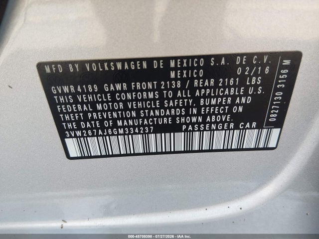 Продаж на аукціоні авто 2016 Volkswagen Jetta 1.4t S, vin: 3VW267AJ6GM334237, номер лоту: 45709398