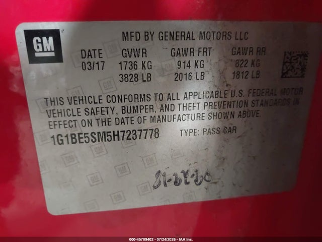 45709402 :رقم المزاد ، 1G1BE5SM5H7237778 vin ، 2017 Chevrolet Cruze Lt Auto مزاد بيع