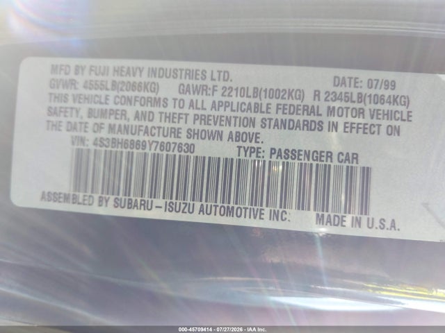 Продаж на аукціоні авто 2000 Subaru Outback Limited, vin: 4S3BH6869Y7607630, номер лоту: 45709414