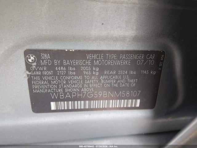 45709442 :رقم المزاد ، WBAPH7G59BNM58107 vin ، 2011 Bmw 328i مزاد بيع