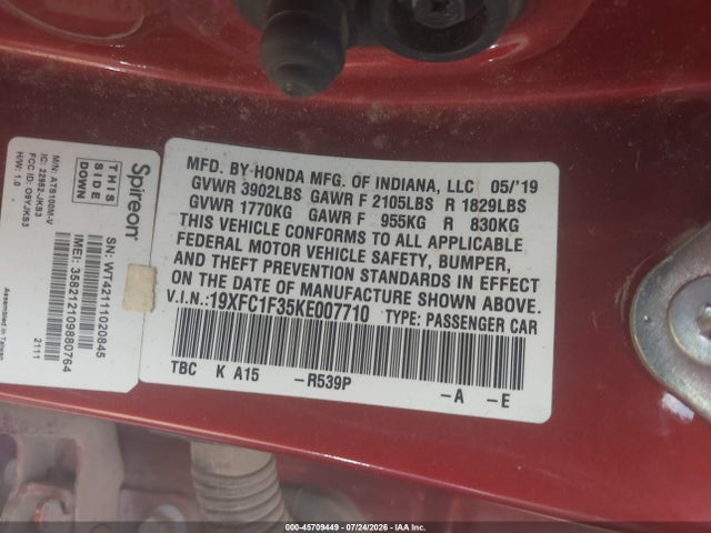 Aukcja sprzedaży 2019 Honda Civic Ex, vin: 19XFC1F35KE007710, numer aukcji: 45709449