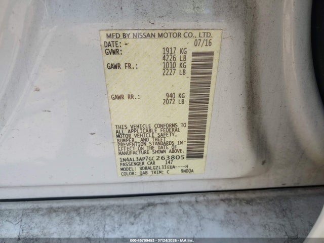 45709453 :رقم المزاد ، 1N4AL3AP7GC263805 vin ، 2016 Nissan Altima 2.5 S مزاد بيع
