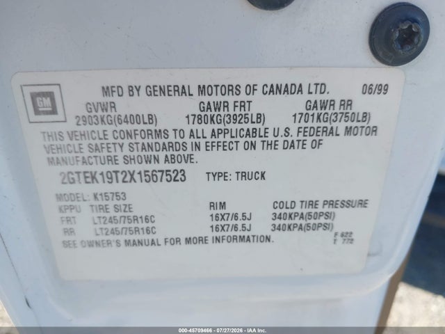 Aukcja sprzedaży 1999 Gmc New Sierra 1500 Sle, vin: 2GTEK19T2X1567523, numer aukcji: 45709466