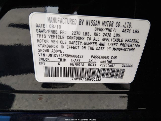 Продаж на аукціоні авто 2011 Infiniti G25, vin: JN1DV6AP5BM600433, номер лоту: 45709480