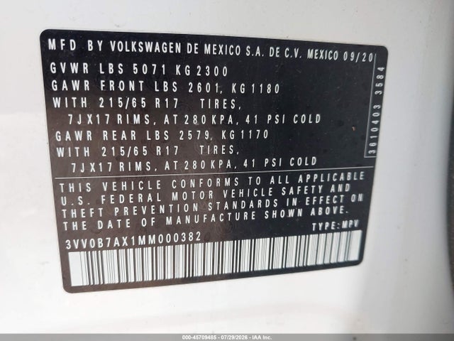 Продажа на аукционе авто 2021 Volkswagen Tiguan 2.0t S, vin: 3VV0B7AX1MM000382, номер лота: 45709485