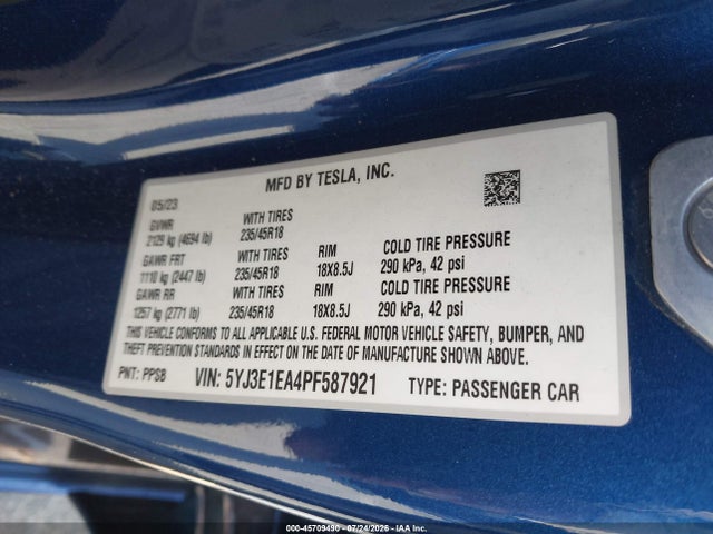5YJ3E1EA4PF587921 Tesla Model 3 Rear-wheel Drive