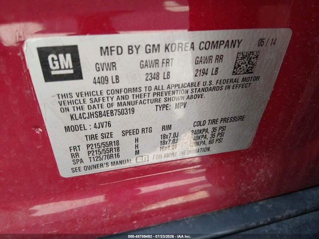 45709492 :رقم المزاد ، KL4CJHSB4EB750319 vin ، 2014 Buick Encore Premium مزاد بيع