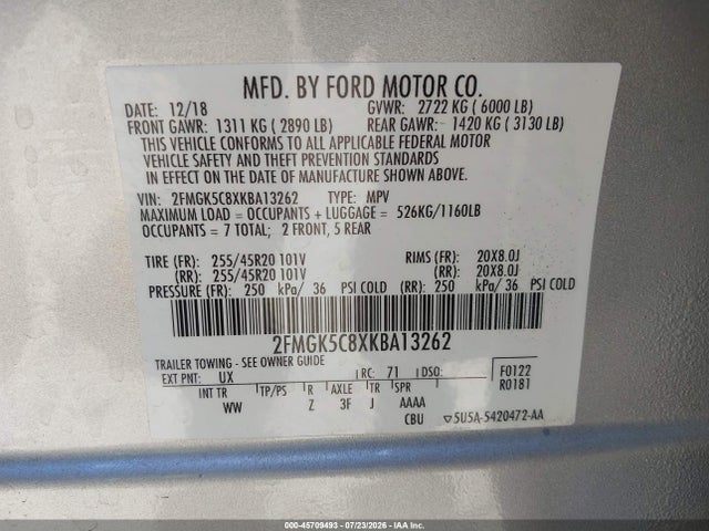 2FMGK5C8XKBA13262 Ford FLEX SEL