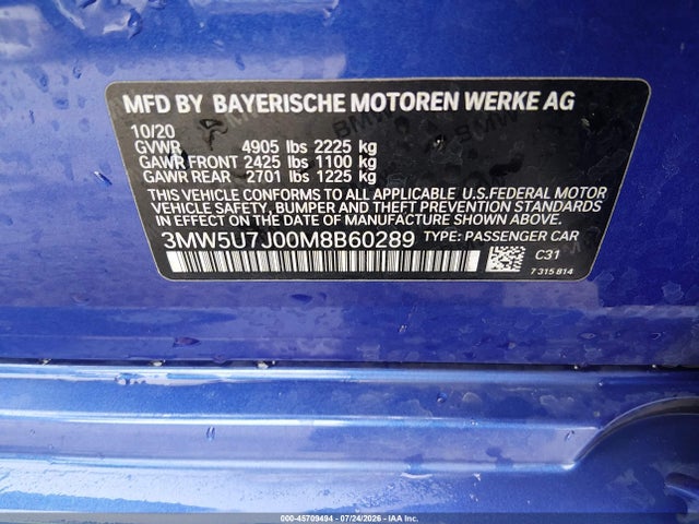 Aukcja sprzedaży 2021 Bmw M340i, vin: 3MW5U7J00M8B60289, numer aukcji: 45709494