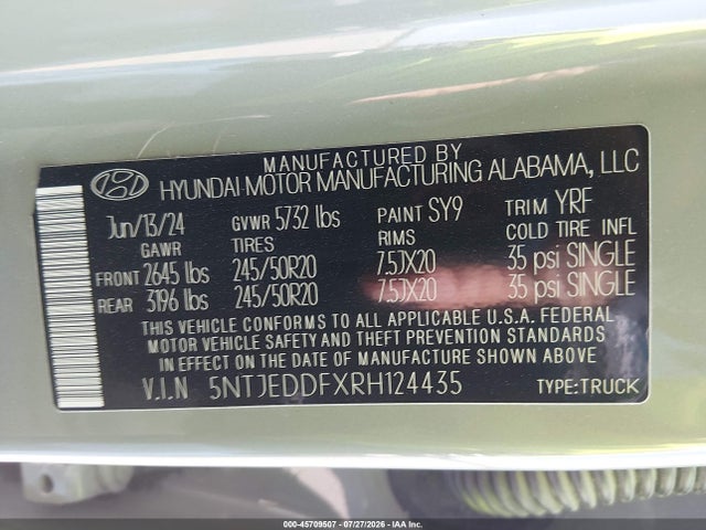 2024 Hyundai Santa Cruz Limited მანქანა იყიდება აუქციონზე, vin: 5NTJEDDFXRH124435, აუქციონის ნომერი: 45709507