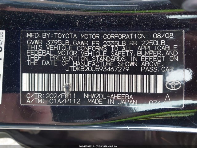 45709520 :رقم المزاد ، JTDKB20U593467279 vin ، 2009 Toyota Prius مزاد بيع