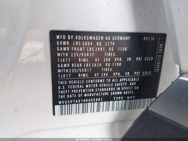 Продаж на аукціоні авто 2017 Volkswagen Tiguan 2.0t Wolfsburg Edition, vin: WVGSV7AX1HK005881, номер лоту: 45709523