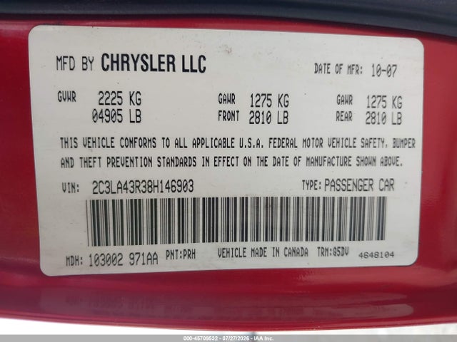 45709532 :رقم المزاد ، 2C3LA43R38H146903 vin ، 2008 Chrysler 300 Lx مزاد بيع