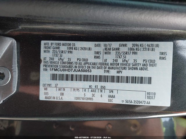 2018 Ford Escape Sel მანქანა იყიდება აუქციონზე, vin: 1FMCU0HD7JUA50053, აუქციონის ნომერი: 45709536