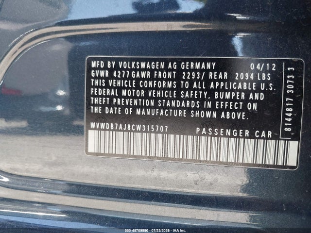Продажа на аукционе авто 2012 Volkswagen Golf 2.5l 4-door, vin: WVWDB7AJ8CW315707, номер лота: 45709550