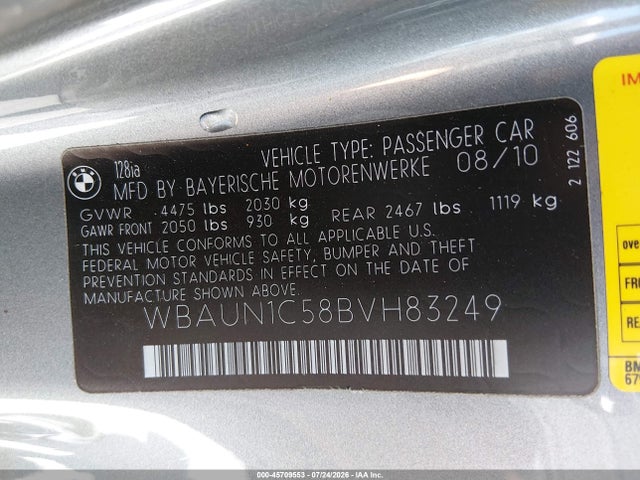 Продаж на аукціоні авто 2011 Bmw 128i, vin: WBAUN1C58BVH83249, номер лоту: 45709553