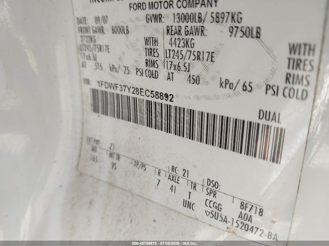 Aukcja sprzedaży 2008 Ford Super Duty F-350 Drw Xl/xlt, vin: 1FDWF37Y28EC58892, numer aukcji: 45709575