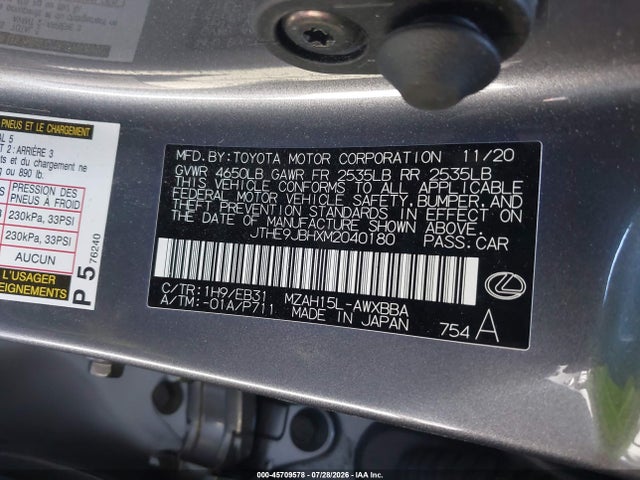 45709578 :رقم المزاد ، JTHE9JBHXM2040180 vin ، 2021 Lexus Ux 250h F Sport مزاد بيع