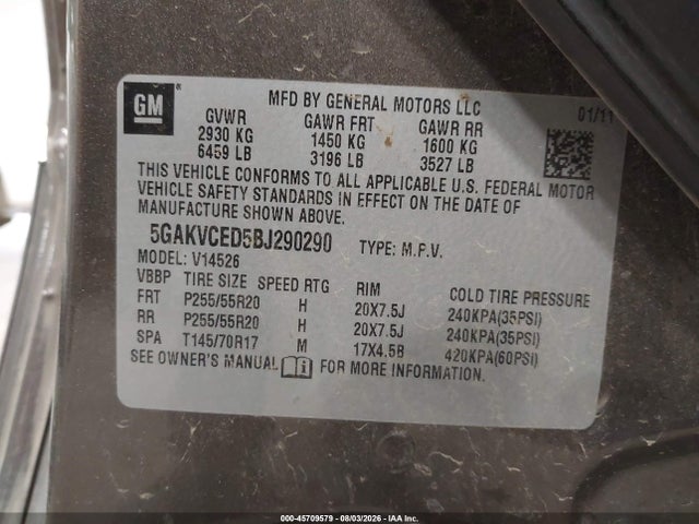 2011 Buick Enclave 2xl მანქანა იყიდება აუქციონზე, vin: 5GAKVCED5BJ290290, აუქციონის ნომერი: 45709579
