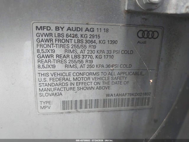Aukcja sprzedaży 2019 Audi Q7 45 Premium/45 Se Premium, vin: WA1AHAF79KD021832, numer aukcji: 45709583