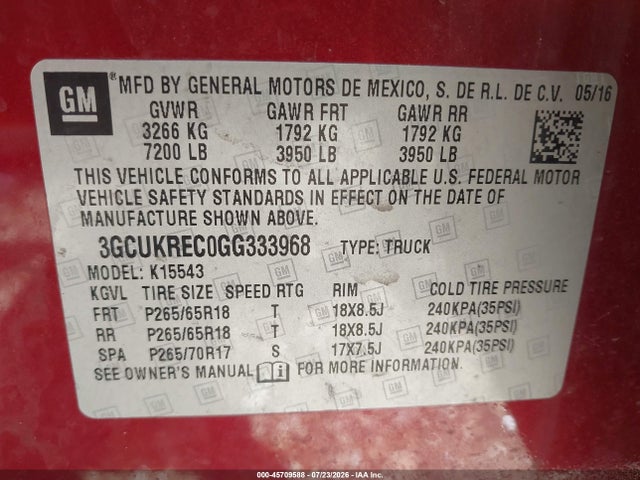 3GCUKREC0GG333968 Chevrolet Silverado 1500 Lt
