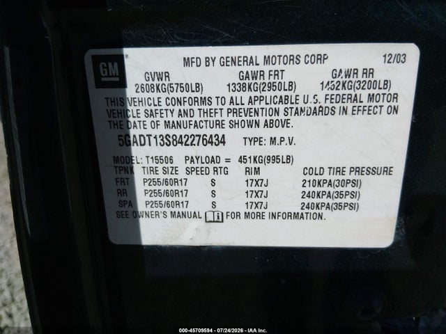 2004 Buick Rainier Cxl მანქანა იყიდება აუქციონზე, vin: 5GADT13S842276434, აუქციონის ნომერი: 45709594