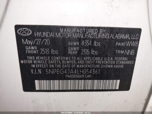Продаж на аукціоні авто 2020 Hyundai Sonata Se, vin: 5NPEG4JA4LH054361, номер лоту: 45709600