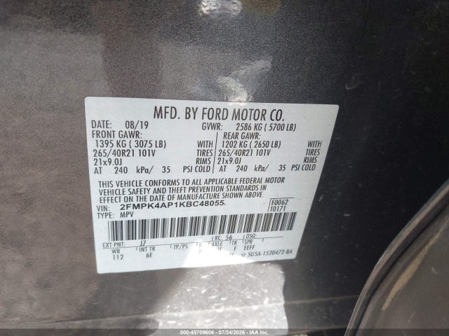 2019 Ford Edge St მანქანა იყიდება აუქციონზე, vin: 2FMPK4AP1KBC48055, აუქციონის ნომერი: 45709606
