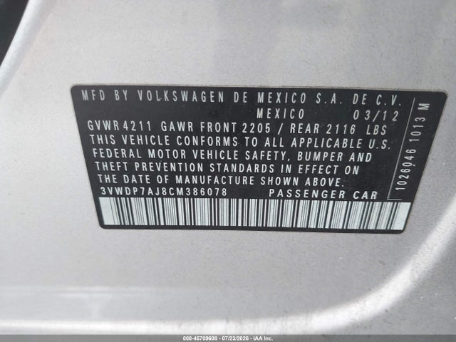 Aukcja sprzedaży 2012 Volkswagen Jetta 2.5l Se, vin: 3VWDP7AJ8CM386078, numer aukcji: 45709608