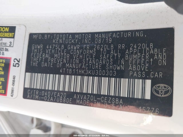 Продажа на аукционе авто 2019 Toyota Camry Se, vin: 4T1B11HK3KU300303, номер лота: 45709620