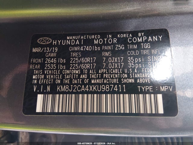 Продаж на аукціоні авто 2019 Hyundai Tucson Se, vin: KM8J2CA4XKU987411, номер лоту: 45709628