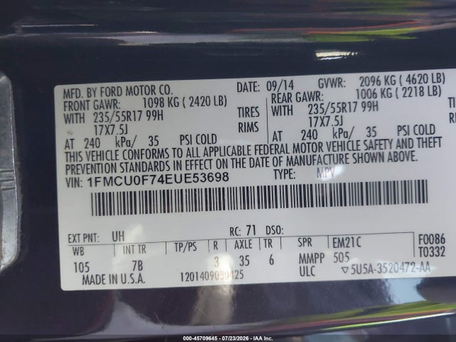 Ford ESCAPE S 2014 1FMCU0F74EUE53698 Image 9