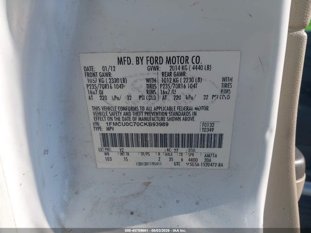 2012 Ford Escape Xls მანქანა იყიდება აუქციონზე, vin: 1FMCU0C70CKB93989, აუქციონის ნომერი: 45709661
