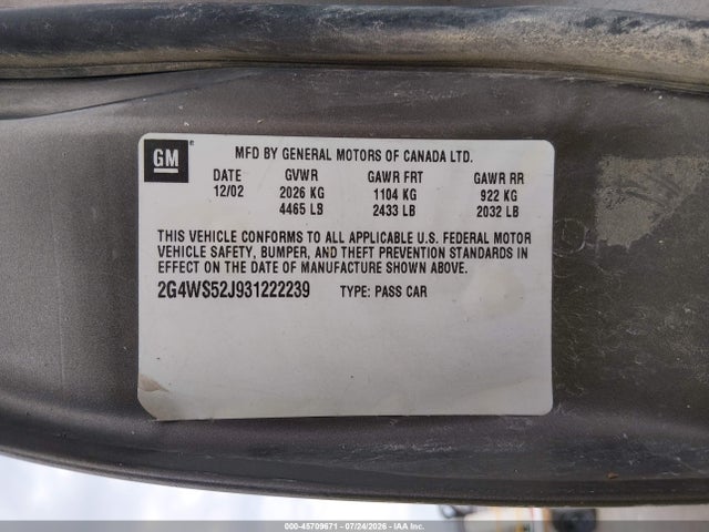 Продаж на аукціоні авто 2003 Buick Century Custom, vin: 2G4WS52J931222239, номер лоту: 45709671