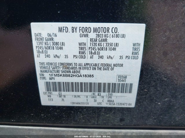 Aukcja sprzedaży 2017 Ford Explorer, vin: 1FM5K8B82HGA18385, numer aukcji: 45709680