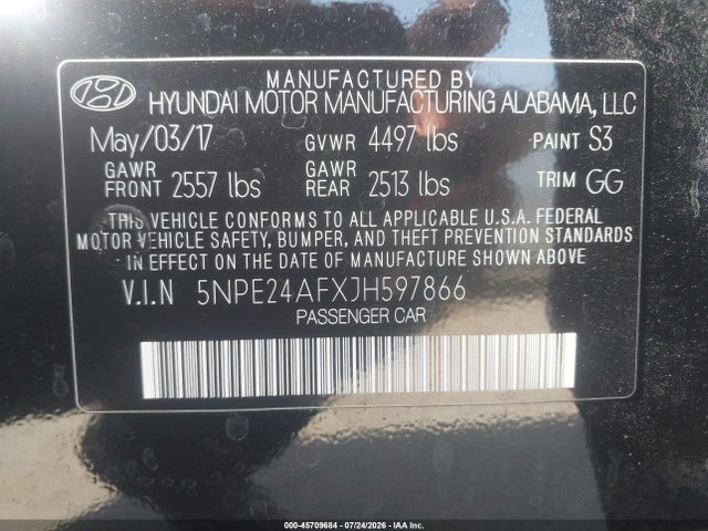 5NPE24AFXJH597866 Hyundai SONATA SE