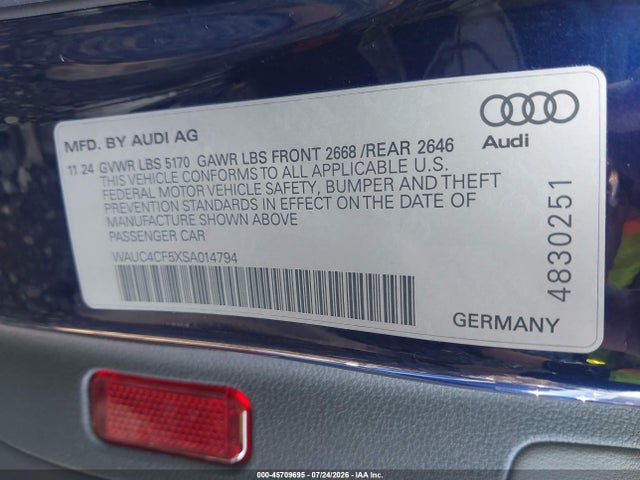 Продаж на аукціоні авто 2025 Audi S5 Sportback Premium Tfsi Quattro Tiptronic, vin: WAUC4CF5XSA014794, номер лоту: 45709695