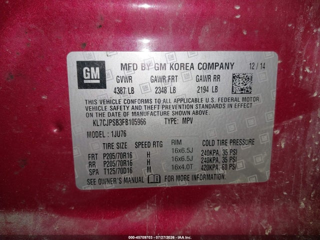 Aukcja sprzedaży 2015 Chevrolet Trax Ls, vin: KL7CJPSB3FB105966, numer aukcji: 45709703
