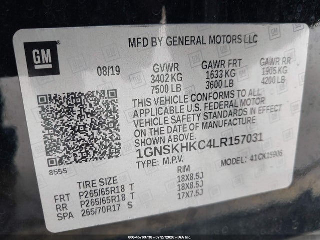 45709738 :رقم المزاد ، 1GNSKHKC4LR157031 vin ، 2020 Chevrolet Suburban 4wd Lt مزاد بيع