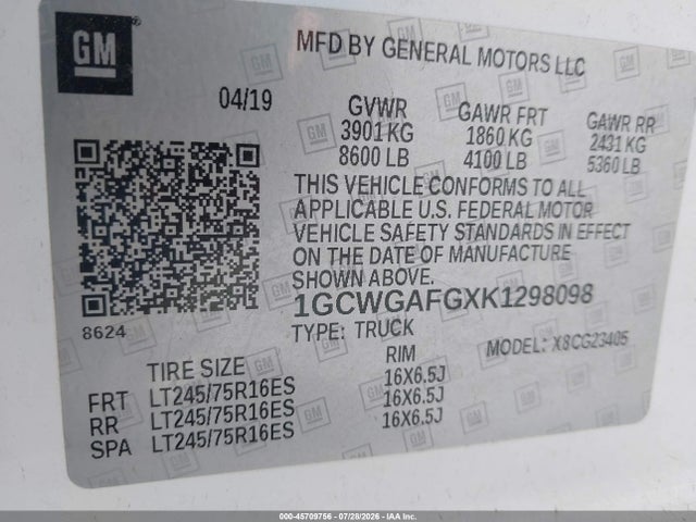 Chevrolet Express 2500 Work Van 2019 1GCWGAFGXK1298098 Image 9