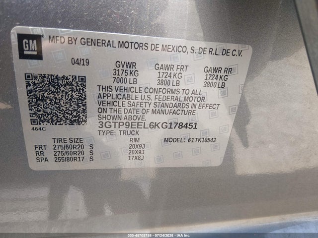 Aukcja sprzedaży 2019 Gmc Sierra 1500 At4, vin: 3GTP9EEL6KG178451, numer aukcji: 45709758
