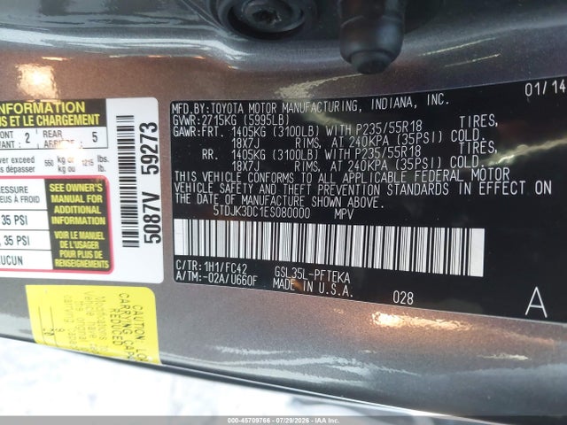 5TDJK3DC1ES080000 Toyota Sienna Le 7 Passenger