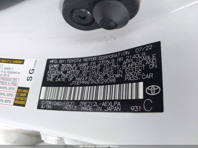 2022 Toyota Corolla Le მანქანა იყიდება აუქციონზე, vin: JTDEPMAE9N3029098, აუქციონის ნომერი: 45709789