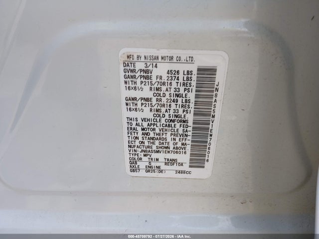 2014 Nissan Rogue Select S მანქანა იყიდება აუქციონზე, vin: JN8AS5MV1EW706016, აუქციონის ნომერი: 45709792